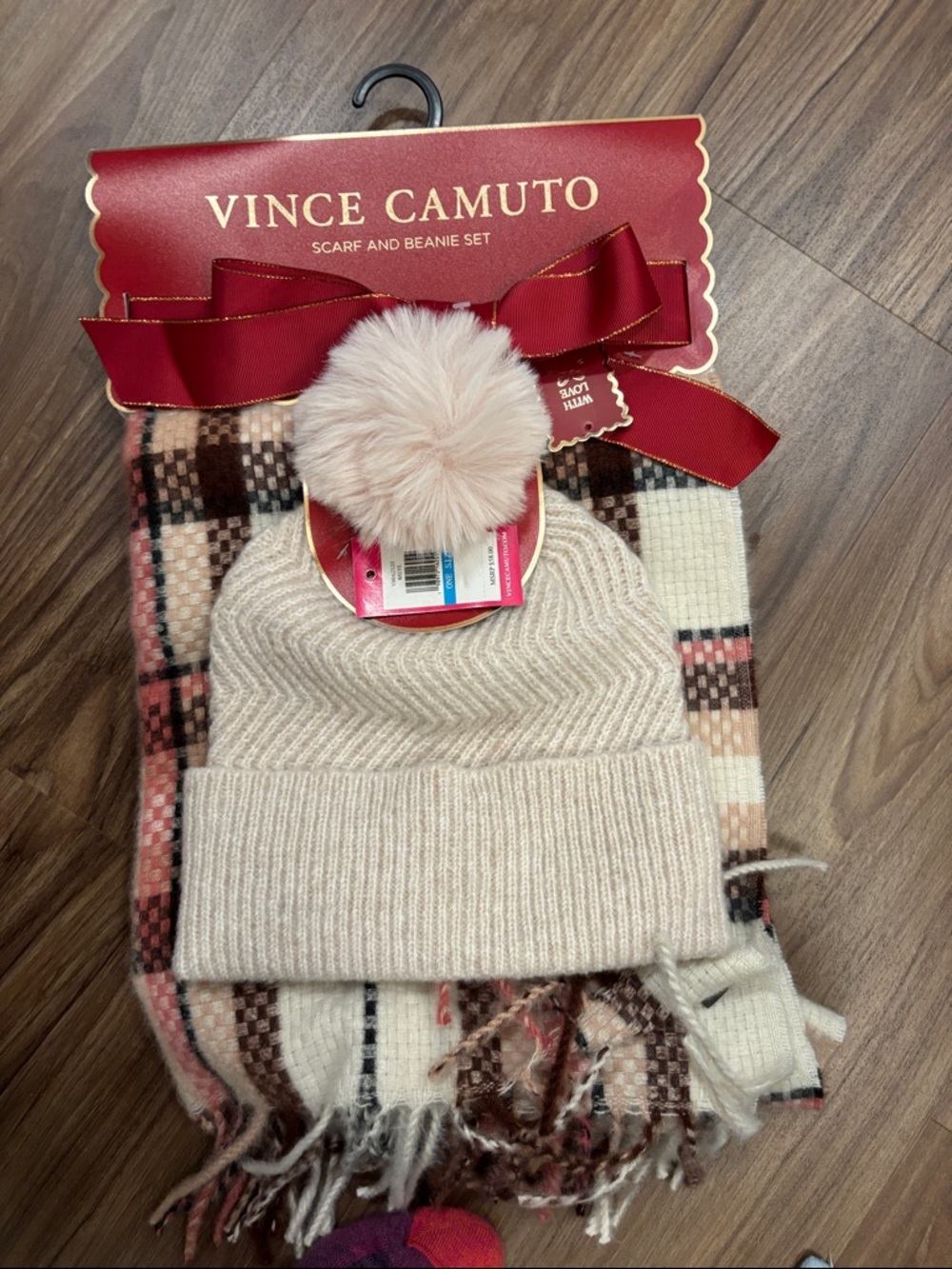 Vince Camuto Cream Knit Beanie with Faux Fur Pom & Pink-Brown Plaid Scarf